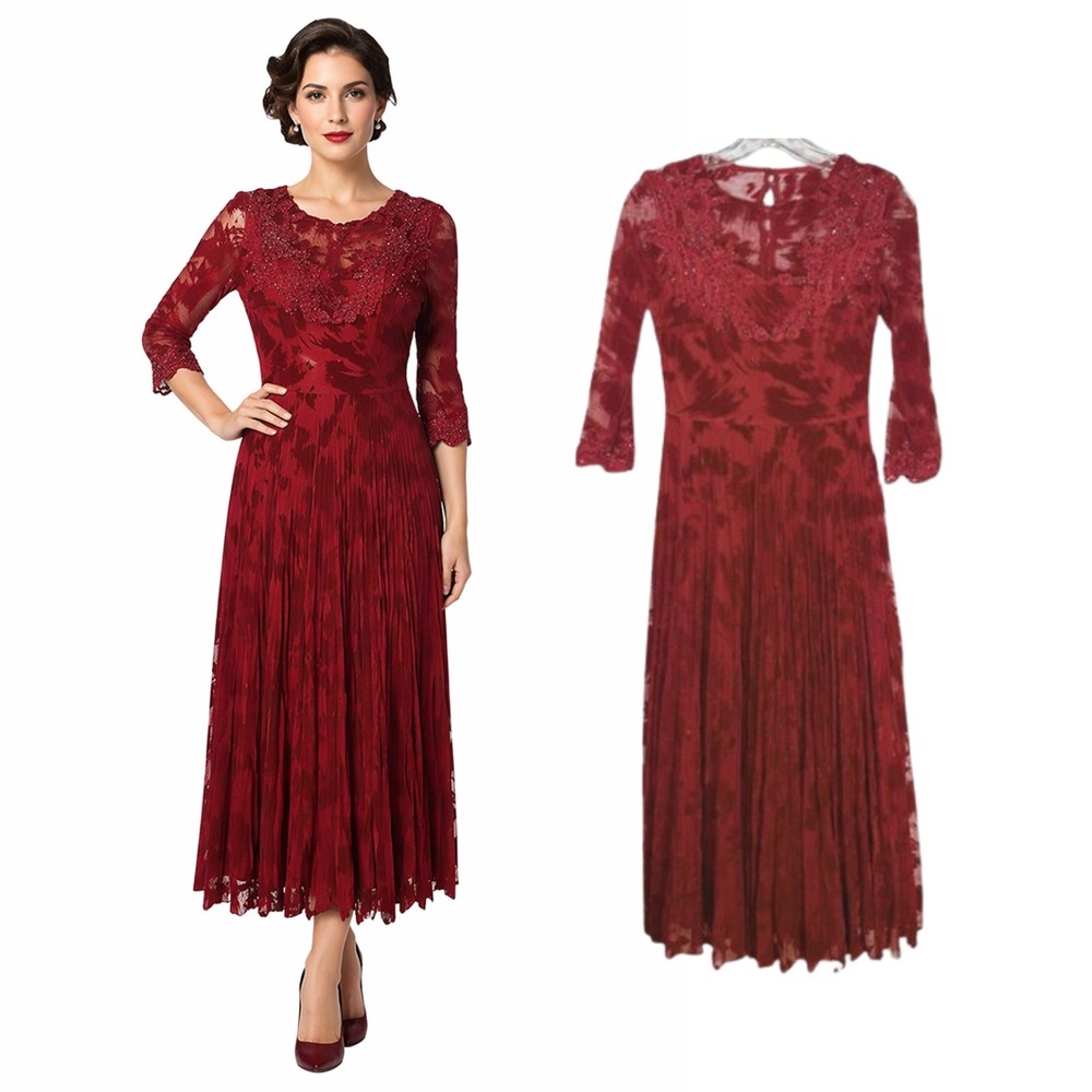 VTG Nu-Dem Wine Red Burnout Velvet Beaded Lace Pleated Midi Dress Size 36 Small